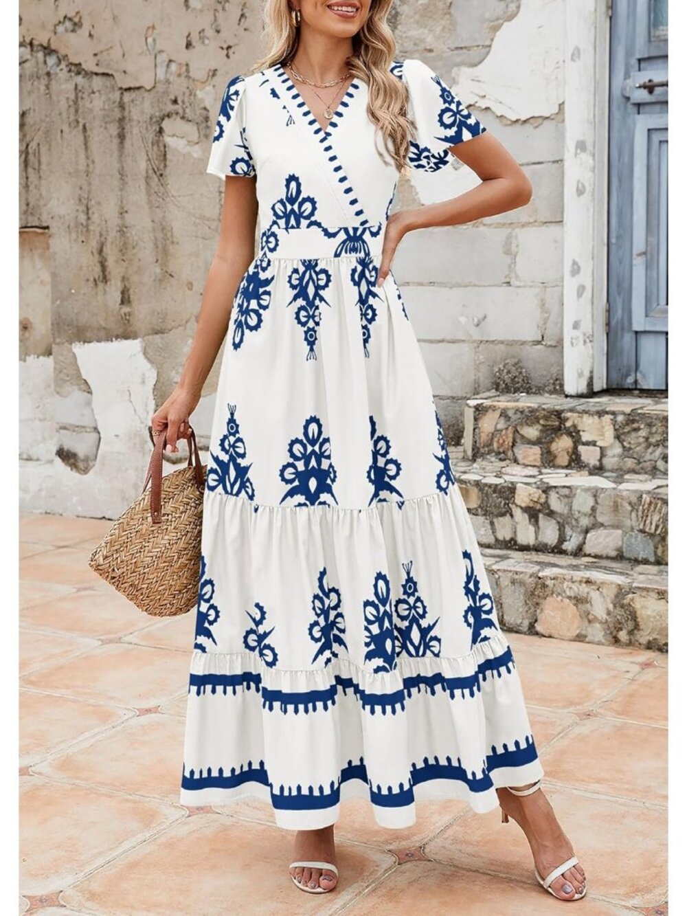 Women's Floral White Blue Boho Maxi V Neck Bell Sleeve Flowy Dress W/Pockets - Picture 5 of 6